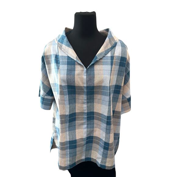 LINTICO | Linen Blend Blue Plaid Cowl Neck Short Sleeve Shirt Top | XL - Picture 4 of 9